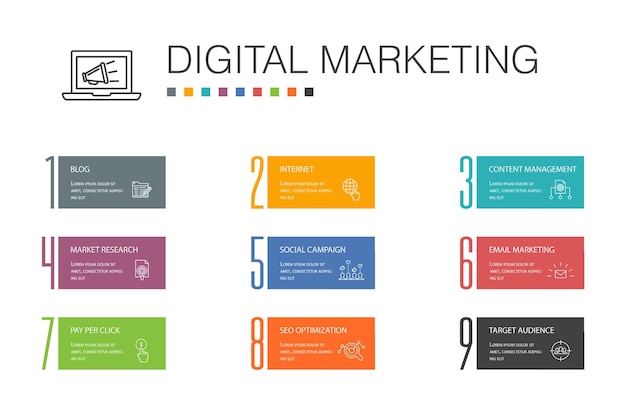 Concepto de línea de opción de infografía de marketing digital 10 internet, investigación de marketing, campaña social, pago por clic iconos simples