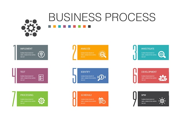 Concepto de línea de opción de infografía de proceso empresarial 10 implementación, análisis, desarrollo, procesamiento de iconos simples