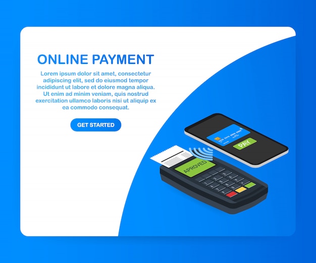 Concepto en línea de pago isométrico en línea. Pagos por internet, protección de transferencia de dinero. .