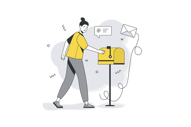 Concepto de línea plana de servicio de correo electrónico Mujer ve notificación de nueva carta va a recibir sobre en