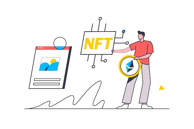 Concepto de línea plana de token NFT El hombre crea arte digital único y lo vende en plataformas en línea