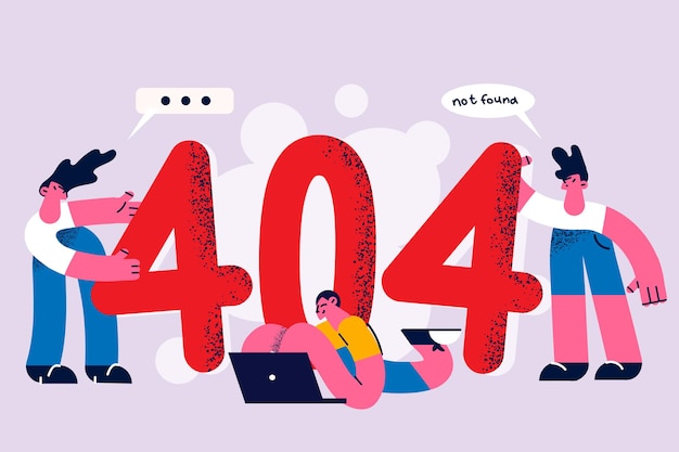 Concepto en línea de problema y error. tres jóvenes empresarios de pie y acostados sobre enormes figuras 404 y un sitio web que no se encuentra en la ilustración de vector de internet