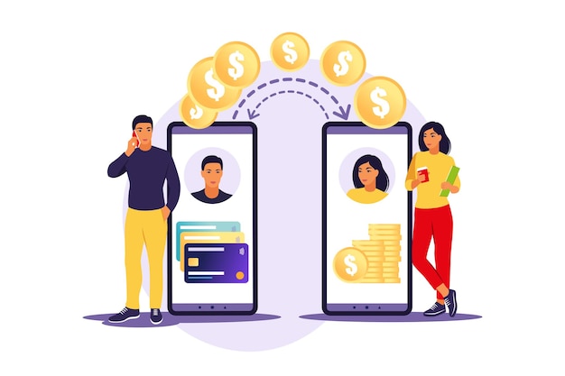 Concepto en línea, transacciones, banca, finanzas y tecnología digital. Hombre transfiriendo dinero a través de un teléfono inteligente. ilustración. Departamento.