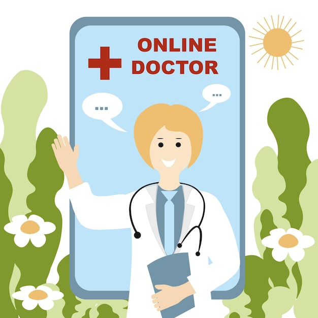 Concepto en línea de Vector Doctor Doctor en bata agitando la mano y quiere ayudar a consultar por teléfono