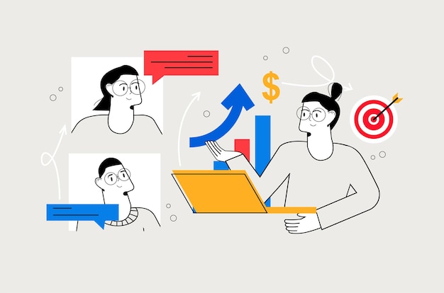 Concepto de línea de videoconferencia de negocios con escena de personas en el estilo de dibujos animados planos