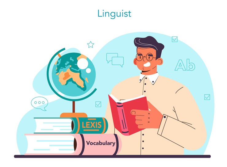 Vector concepto lingüístico. estudio científico del lenguaje, su historia y desarrollo. lingüista traduciendo documentos, libros y discursos. traductora multilenguaje, políglota. ilustración vectorial plana