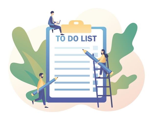 Concepto de lista de tareas Pequeñas personas planificando año mes semana Notas diario lista de verificación organizadores
