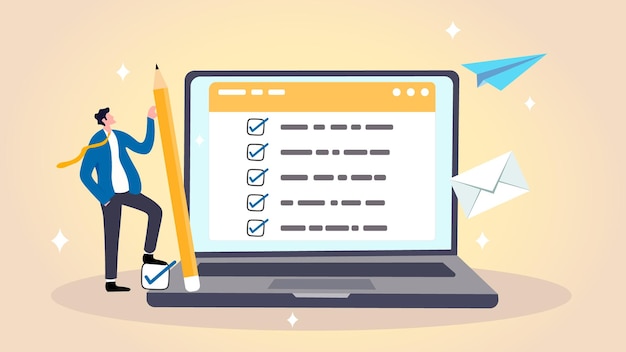 Concepto de lista de verificación de desempeño empresarial empresario usando una computadora portátil haciendo una encuesta de lista de verificación en línea