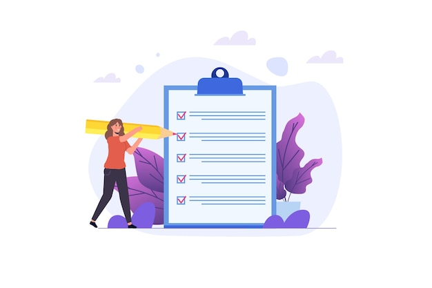 Concepto de lista de verificación de empresaria. Comprobación del éxito de la tarea empresarial. Ilustración vectorial