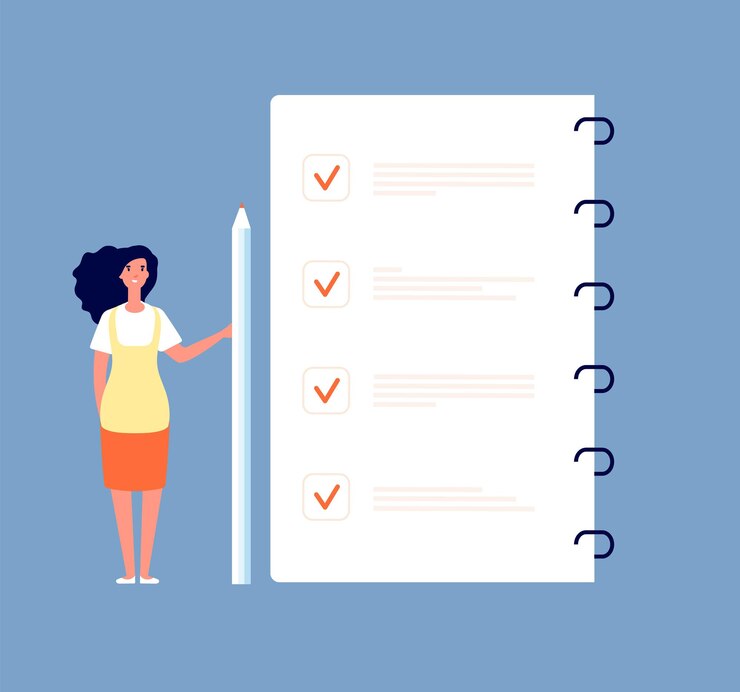 Vector concepto de lista de verificación. empresaria de pie en la lista de tareas pendientes. meses de planificación, gestión del tiempo y encuestas forman antecedentes vectoriales. lista de verificación de tareas, ilustración de la lista del plan de negocios