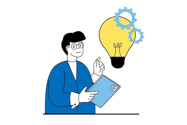 Concepto de lluvia de ideas con escena de personas en diseño web plano El hombre genera ideas creativas para optimizar el proceso de trabajo y mejorar Ilustración vectorial para material de marketing de banners en redes sociales