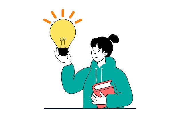 Concepto de lluvia de ideas con escena de personas en diseño web plano Mujer con bombilla leyendo libros para obtener información e ilustración vectorial creativa para material de marketing de banners en redes sociales