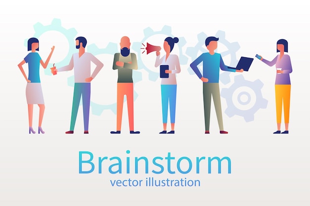 Vector concepto de lluvia de ideas, reunión de negocios. grupo de jóvenes reunidos para la conferencia. gente creativa. compañeros de trabajo en equipo. diseño plano de ilustración vectorial. aislado en el fondo. buscar nuevas soluciones.