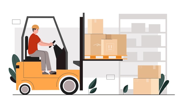 Concepto de logística de almacén Hombre con carretilla elevadora con cajas en almacén Logística de envío y distribución Trabajador con cajas de cartón Ilustración vectorial plana