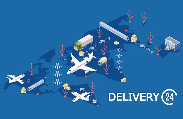 Concepto de logística global isométrica, ilustración de mapa mundial de entrega