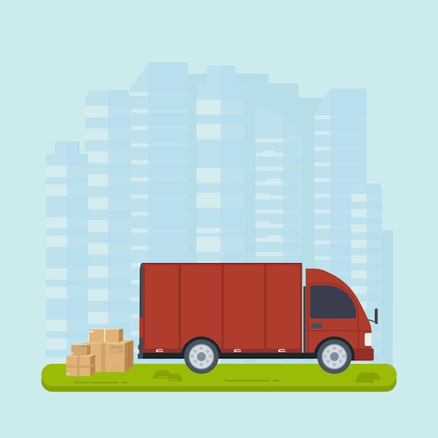Concepto de logística y servicio de entrega camión furgoneta con paquete y fondo de ciudad diseño de banner creativo de servicio postal ilustración plana vectorial