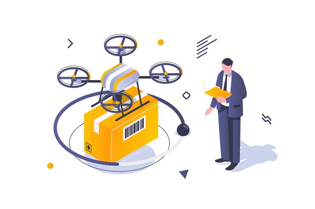 Concepto de logística de transporte en diseño isométrico 3d El hombre utiliza el servicio de entrega de aviones no tripulados para el envío de cajas y el seguimiento en línea Ilustración vectorial con escena de personas isométricas para gráficos web
