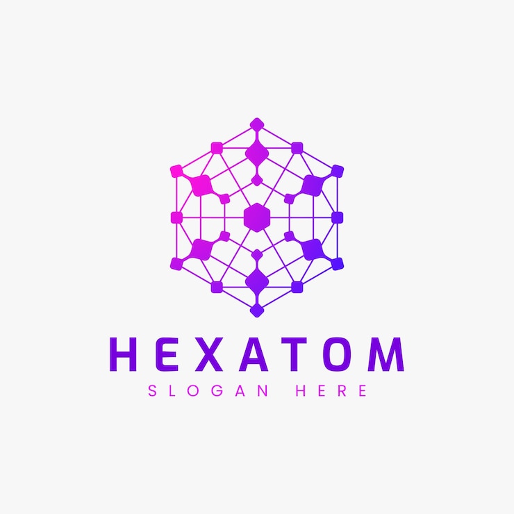 Vector concepto de logotipo abstracto de hexágono y átomo para conexión y comunicación business science and techno