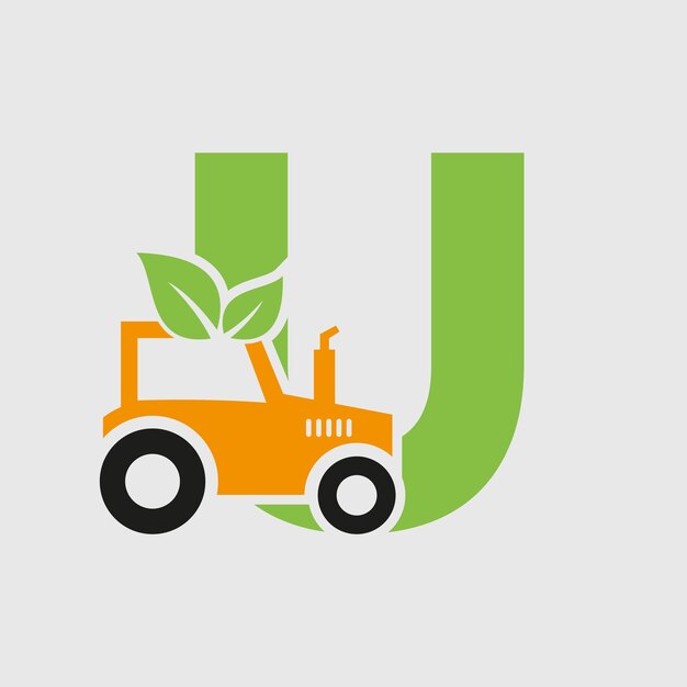 Concepto de logotipo de agricultura de letra U con plantilla de vector de icono de tractor Símbolo de granja ecológica