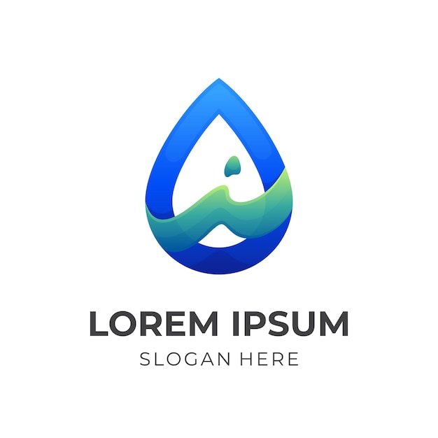 Concepto de logotipo de agua de onda logotipo de combinación de onda y agua con estilo de color verde y azul 3d