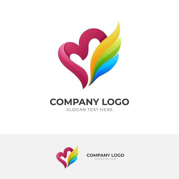 Concepto de logotipo de ala de amor Logotipo de combinación de amor y ala con estilo colorido 3d