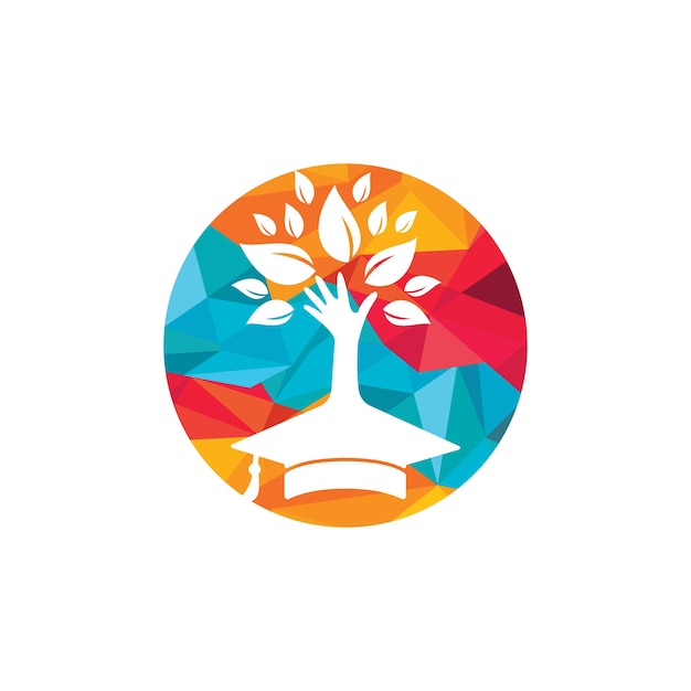 Concepto de logotipo de apoyo y seguro educativo Gorro de graduación y logotipo de icono de árbol de mano