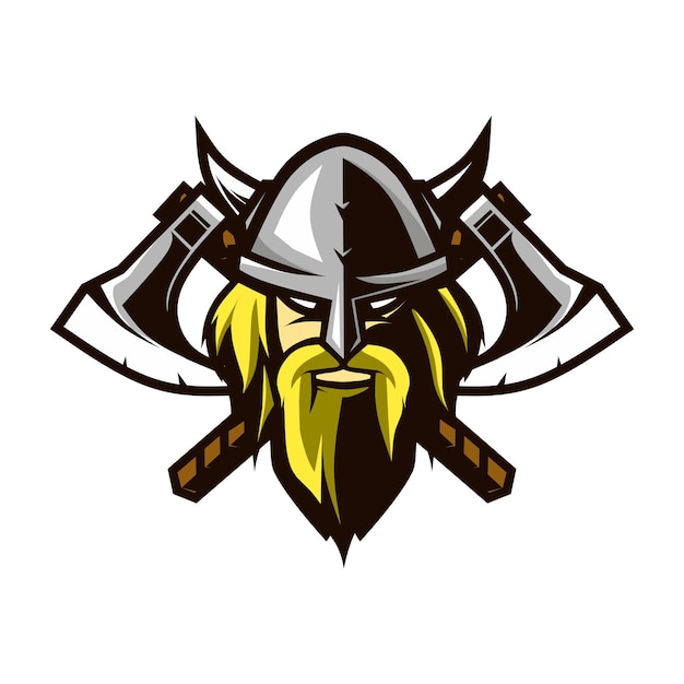 Concepto de logotipo de cabeza vikinga con hacha cruzada