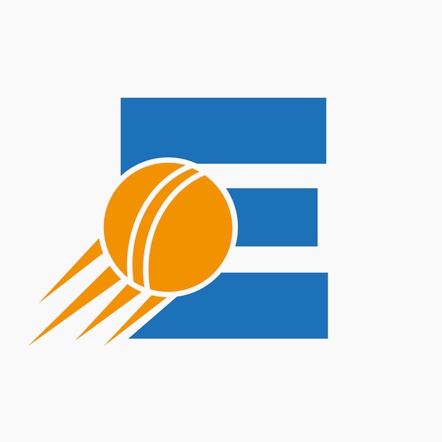 Concepto de logotipo de cricket de letra E con icono de bola de cricket en movimiento Vector de símbolo de logotipo de deportes de críquet