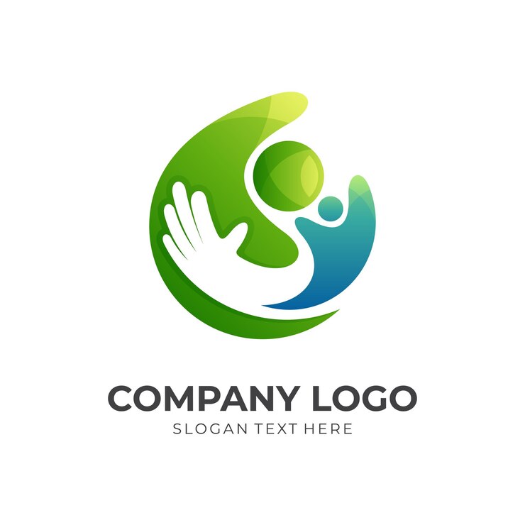 Vector concepto de logotipo de cuidado familiar personas y logotipo de combinación de mano con estilo de color verde y azul 3d