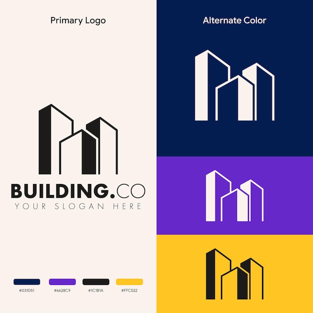 Concepto de logotipo de edificio de bienes raíces de esquema simple moderno