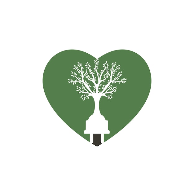 Concepto de logotipo de electricidad de energía verde Icono de enchufe eléctrico con árbol y corazón