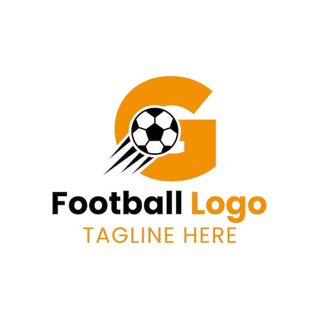 Concepto de logotipo de fútbol letra g con icono de fútbol en movimiento. símbolo de logotipo de fútbol