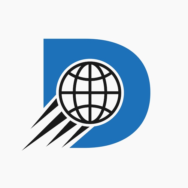 Concepto de logotipo global de letra D con icono de mundo en movimiento Plantilla de vector de símbolo de logotipo global