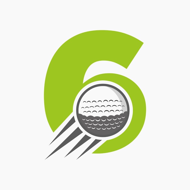 Vector concepto de logotipo de golf de letra 6 con icono de pelota de golf en movimiento plantilla de vector de símbolo de logotipo de deportes de hockey