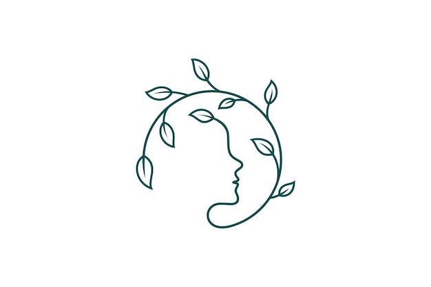 Concepto de logotipo de ilustración de rostro de mujer con planta de hoja