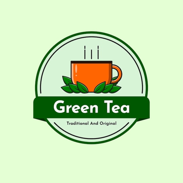 Vector concepto de logotipo de insignia de diseño de hoja y taza de té