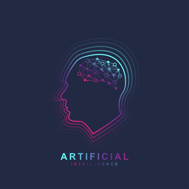 Concepto de logotipo de inteligencia artificial y aprendizaje automático. contorno de cabeza humana con icono de cerebro. vector símbolo ai. plantilla de logotipo de cerebro.