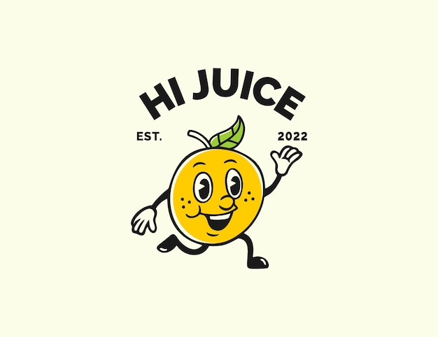 Concepto de logotipo de jugo retro con mascota de fruta naranja