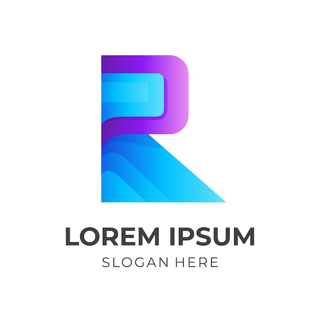 Concepto de logotipo letra R con estilo de color azul y morado 3d
