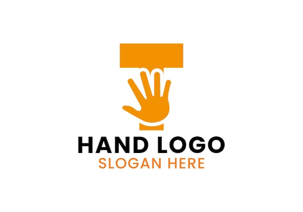 Concepto del logotipo de la mano de la letra T para el cuidado de las manos, el signo de la caridad y el símbolo del logotipo de la donación