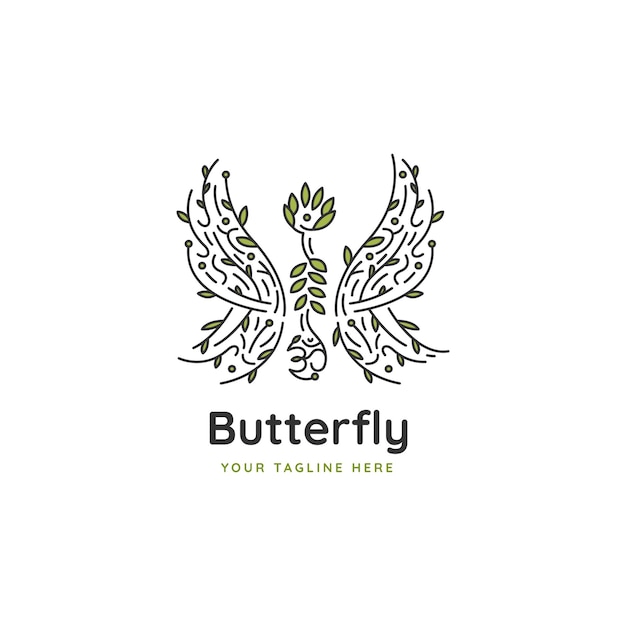 Concepto de logotipo de mariposa con símbolo de hoja e hinduismo para una empresa saludable