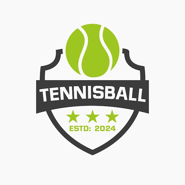 Concepto de logotipo de pelota de tenis con escudo y símbolo de liga
