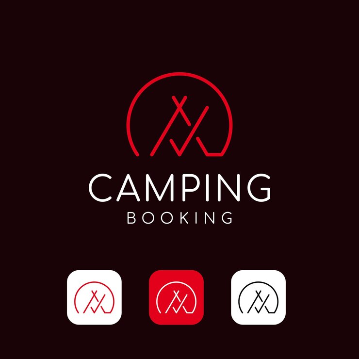 Vector concepto de logotipo de reserva de camping. plantilla de vector de icono de logotipo de marca de verificación de tienda