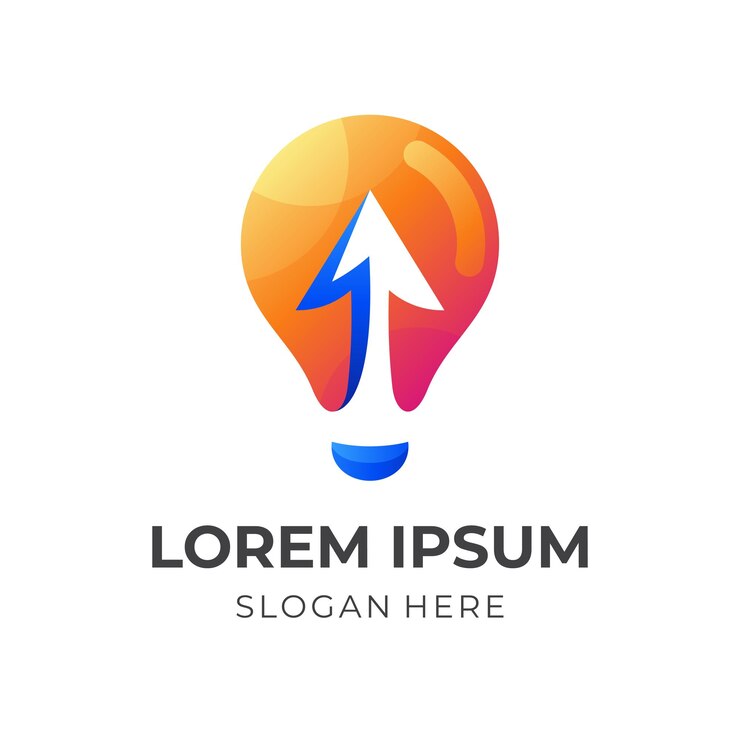 Vector concepto de logotipo shine up logotipo de combinación de bombilla y flecha con estilo de color naranja y azul 3d
