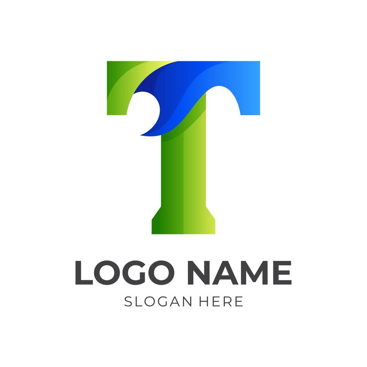 Vector concepto de logotipo t inicial con estilo de color azul y verde 3d