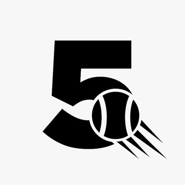 Concepto de logotipo de tenis de letra 5 con icono de pelota de tenis en movimiento Plantilla de símbolo de logotipo de deportes de tenis