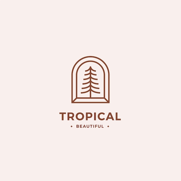 Concepto de logotipo tropical con árbol de contorno y marco mínimo abstracto