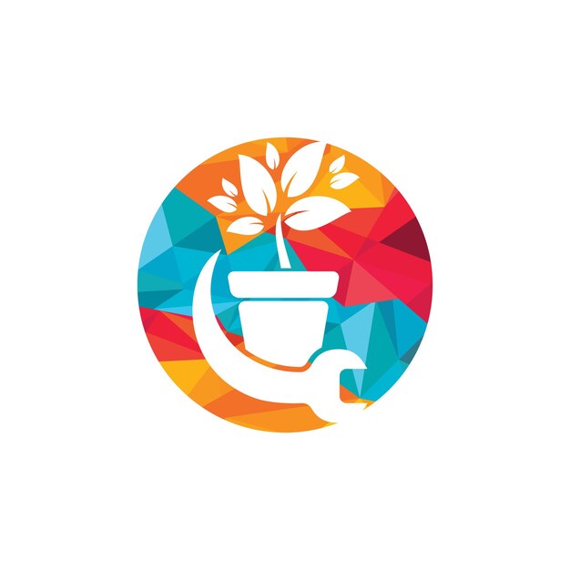 Concepto de logotipo de vector de arreglo de jardín Icono de logotipo de maceta y llave inglesa
