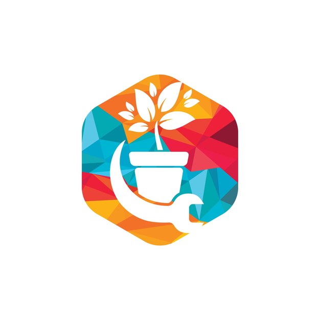 Concepto de logotipo de vector de arreglo de jardín Icono de logotipo de maceta y llave inglesa