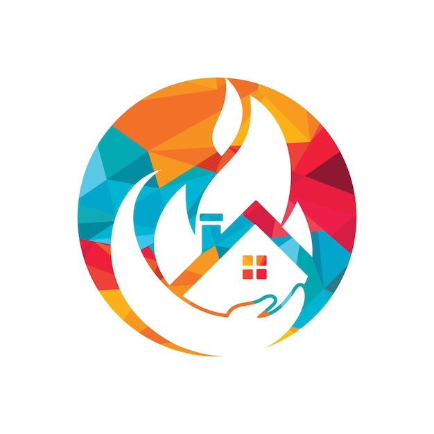 Concepto de logotipo de vector de seguro de hogar Mano con diseño de logotipo de icono de fuego y hogar